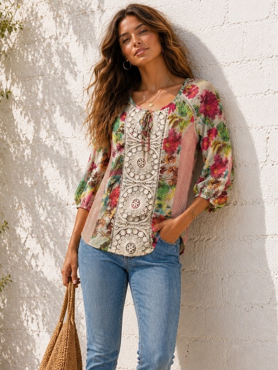 Meadow Rue Tops - Anthropologie Meadow Rue Pink Floral Crochet-Front Peasant Top